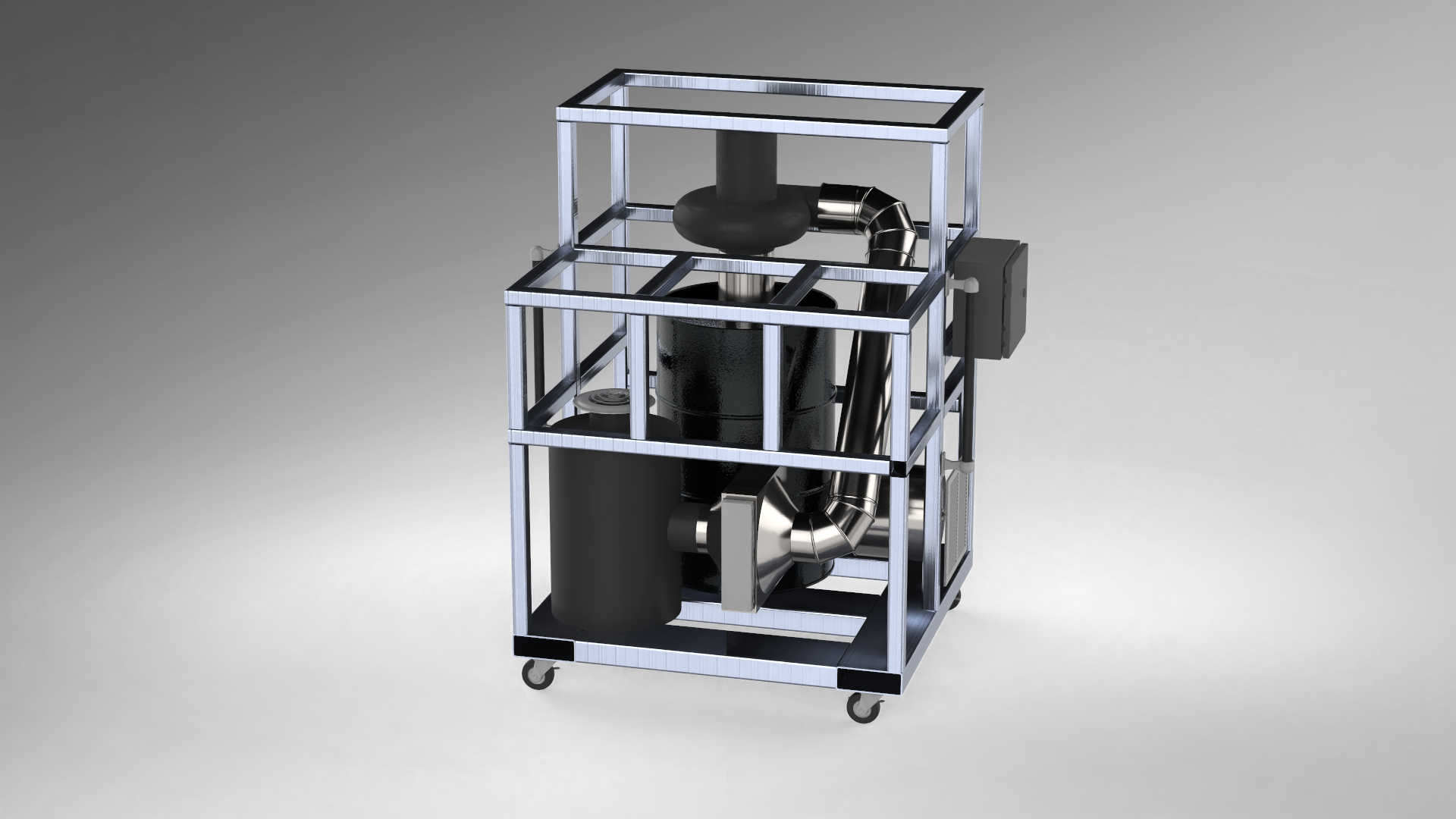 Internal arrangement: blower, filter vessels and ducting on a welded frame